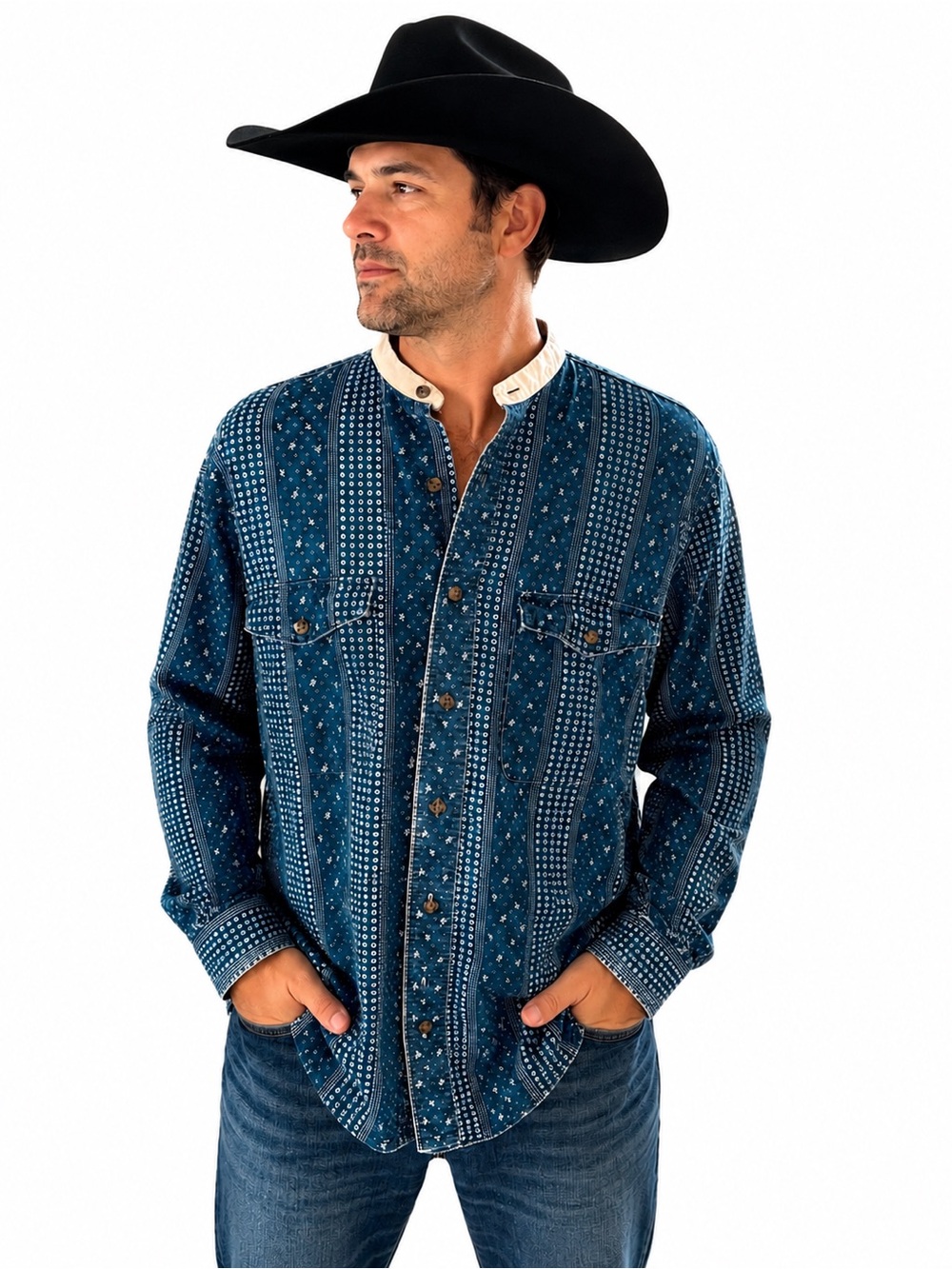 Vintage Wrangler Men’s XL Long Tails Blue Bandana Print Western Shirt 16½–35